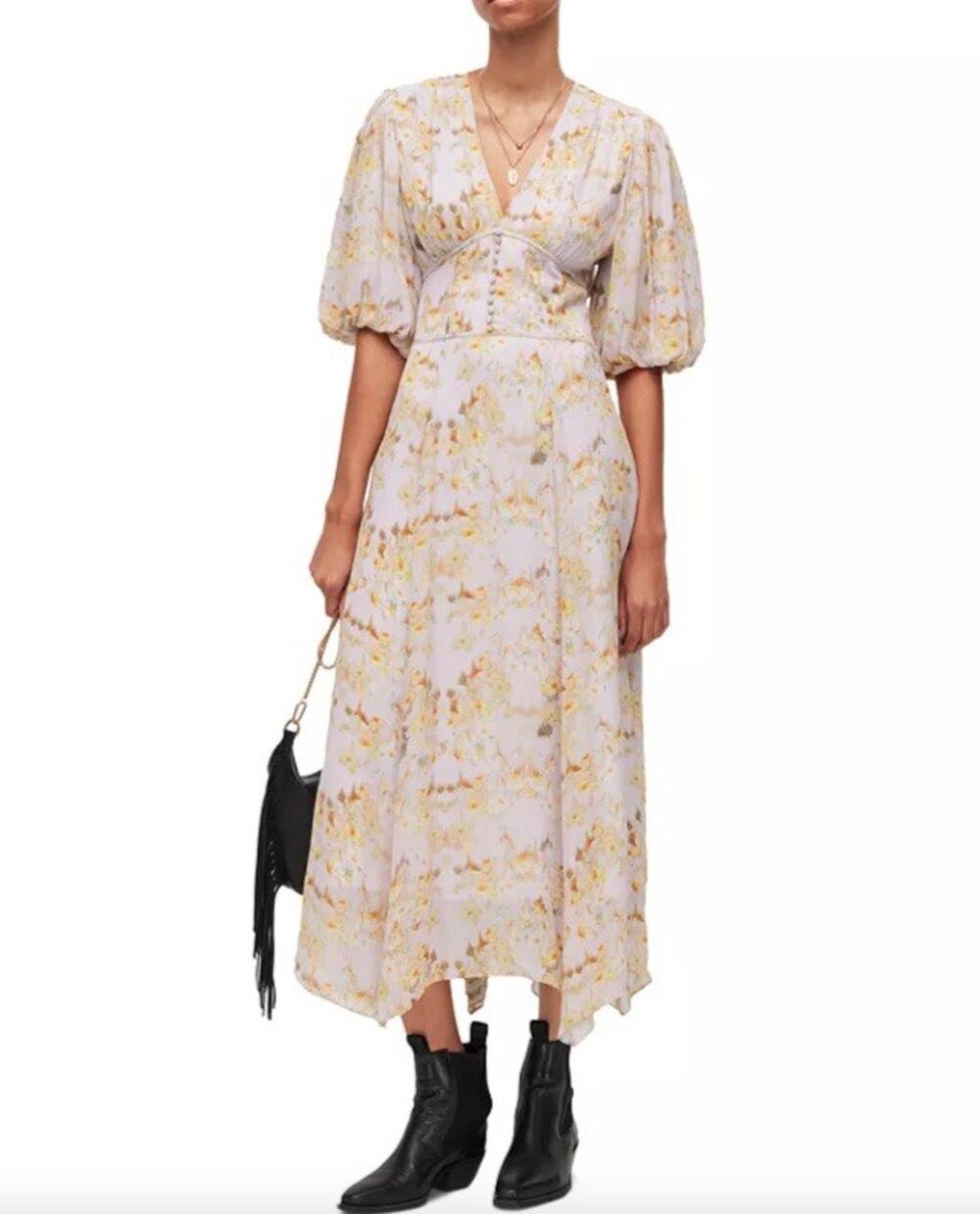 ALLSAINTS Aspen Momo Lavender Floral V-Neck Puff Sleeve Long Dress Size 4